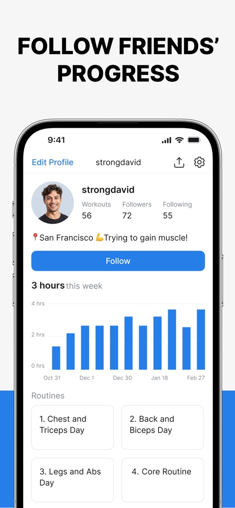 Hevy - Workout Tracker Gym Log - Delve into friend profiles, revealing personal workout statistics and a clear bar chart illustrating "3 hours this week" of training activity.