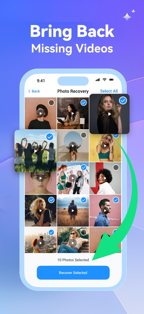 Photo Recovery: phone cleanup - This tool helps users easily bring back missing videos, allowing selection from a grid of video thumbnails and indicating restoration with a dynamic green arrow.