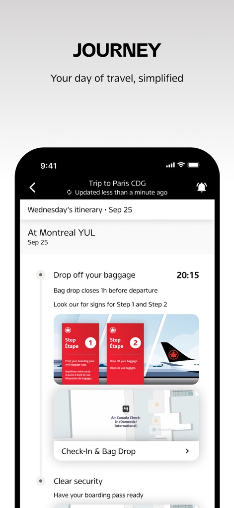 Air Canada + Aeroplan - La funcionalidad "Journey" simplifica el día de viaje, ofreciendo una guía detallada con pasos como "Drop off your baggage" y "Clear security", asegurando que los viajeros estén preparados para cada etapa en el aeropuerto.