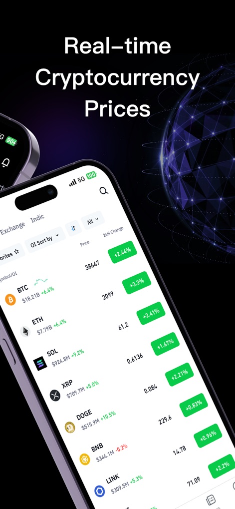 CoinGlass - Bitcoin & Crypto - L'app fornisce prezzi in tempo reale per le principali criptovalute, visualizzando chiaramente le variazioni percentuali del 24H per asset come Bitcoin (BTC) ed Ethereum (ETH), con mini-grafici che offrono una panoramica immediata delle performance.