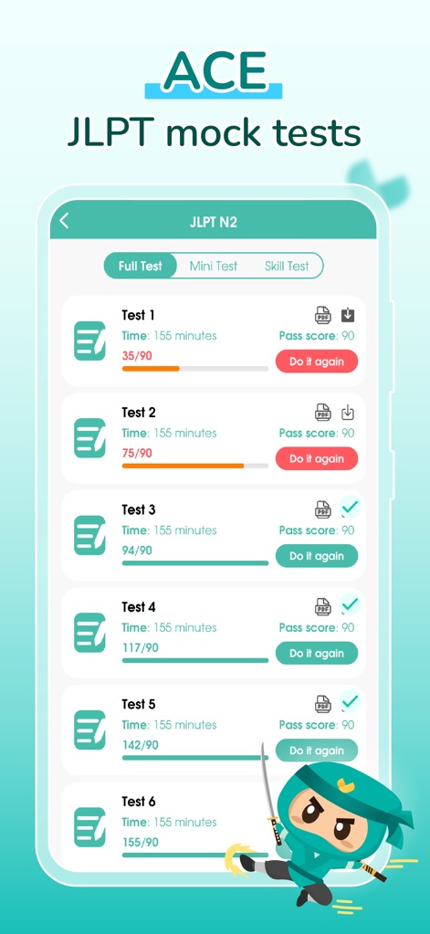 Migii JLPT: JLPT test N5-N1 - This tool showcases a structured list of mock tests with detailed progress tracking and offers flexible study modes like "Full Test" and "Mini Test" to suit varying needs.
