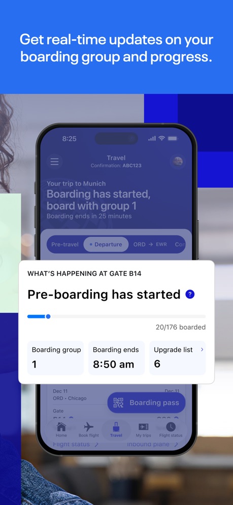 United Airlines App Store screenshot 2, headline “Get real-time updates on your boarding group and progress.”. Zoomed detail of the UI.
