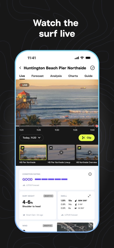 Surfline: Wave & Surf Reports App Store screenshot 2, headline “Watch the surf live”. Pattern or texture.