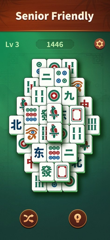 Jade Mahjong - Observe the "Senior Friendly" banner indicating thoughtful design and the clear, well-spaced mahjong tiles on the board.