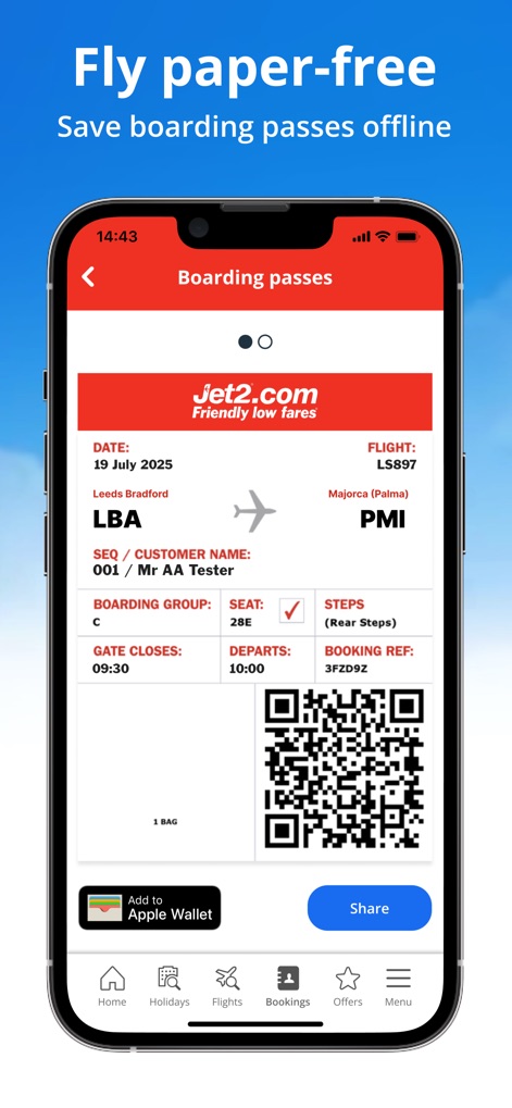 Jet2 - Holidays and Flights - Los viajeros disfrutan de la comodidad de la funcionalidad "Boarding passes", que muestra la tarjeta de embarque con un código QR escaneable y los detalles completos del vuelo, incluyendo la fecha, número de vuelo y destino, además de la opción "Add to Apple Wallet".