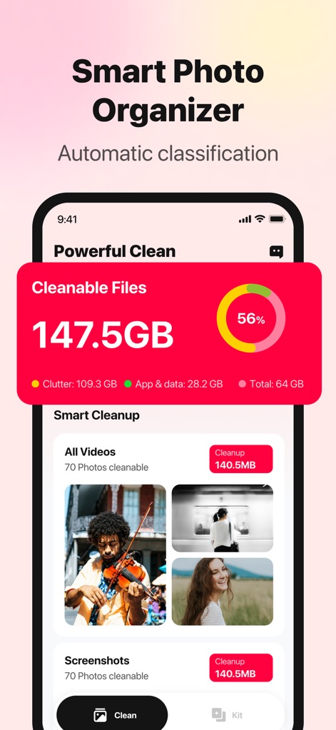 Powerful Clean: Phone Cleaner - The app presents a comprehensive "Cleanable Files" overview with a clear storage usage ring graph and organized "Smart Cleanup" categories.