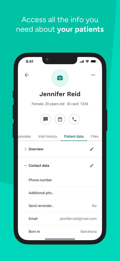 Doctoralia for specialists - The app provides comprehensive patient insights, centralizing vital information under the 'Patient data' tab and clearly displaying essential 'Contact data' for quick reference.
