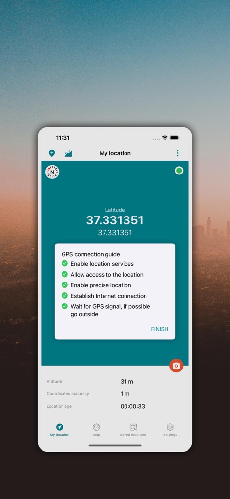 My GPS Coordinates ° - Users can visualize their current and saved locations on an interactive map interface, complete with detailed address information and location pins.