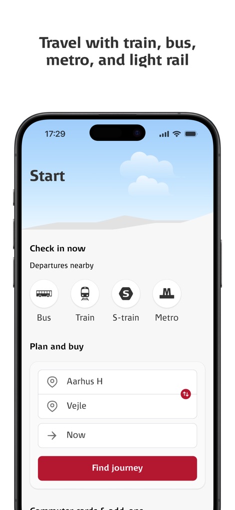 DSB - See how the app provides quick access to 'Check in now' options and an intuitive 'Plan and buy' interface for efficient journey creation.
