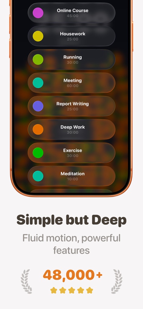 FocusPomo · Pomodoro Timer - 이 앱은 다양한 색상의 활동 태그를 제공하여 사용자가 자신의 작업에 라벨을 붙이고 각 활동의 지정된 시간을 한눈에 파악할 수 있도록 돕습니다.
