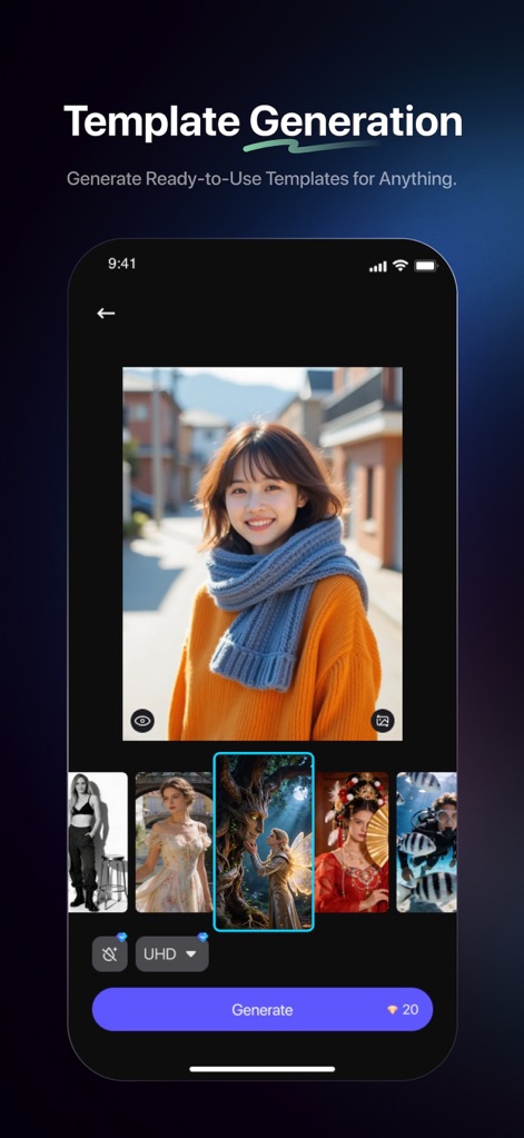 Agnes — Your AI for Life - The app offers a wide array of ready-to-use visual templates for image generation, allowing users to select different styles and adjust quality settings via the 'UHD' dropdown.