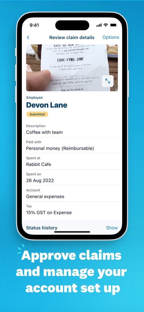 Xero Me - The 'Review claim details' screen presents a comprehensive summary of a submitted expense, enabling efficient management and transparent viewing of the claim's status history.