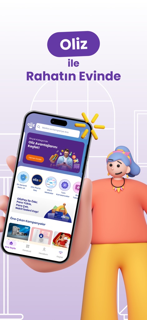 Oliz - Fırsat ve Avantaj App’i - Die App-Startseite präsentiert die vielfältigen Funktionen und zeigt mit dem Slogan „Oliz ile Rahatın Evinde“ den Fokus auf Komfort und Vorteile auf.
