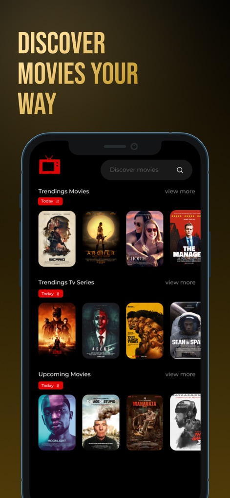 Seeker : Watch Movies,TV drama - The app presents a visually engaging homepage, showcasing a diverse grid of movie and TV show posters across clearly defined categories like "Trendings Movies" and "Upcoming Movies" for easy navigation.