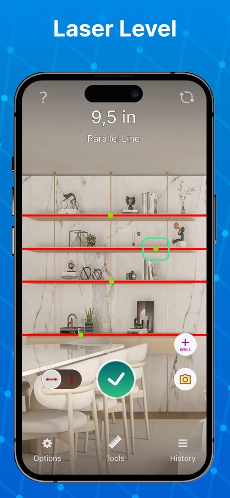 Tape Measure® - Users can achieve perfectly level surfaces with the integrated laser level, which displays parallel red lines and provides precise '9.5 in' vertical measurements.