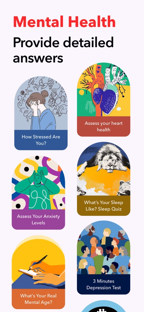 iCardio - Heart Rate Tracker - Explore a variety of mental health assessments, each presented within distinct card modules and accompanied by unique illustrative icons for engagement.