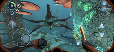 Subnautica - Face the formidable Reaper Leviathan in an intense deep-sea encounter, armed with a survival knife and supported by clear navigational prompts and health indicators.