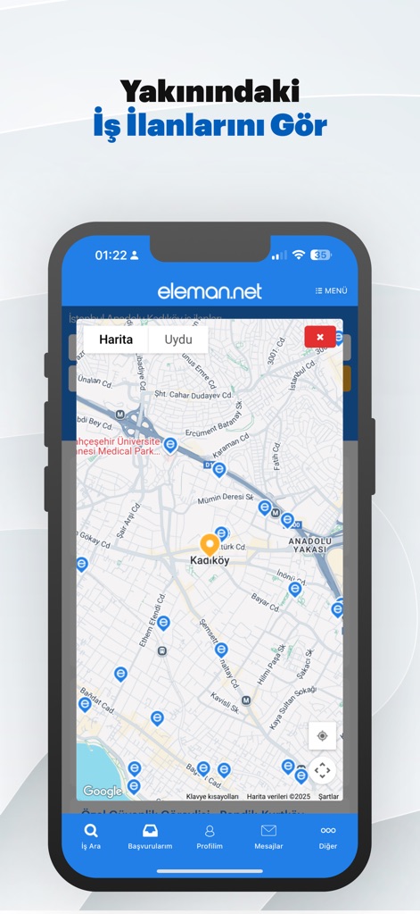 eleman.net İş İlanı Ara & Bul - Users can explore local job opportunities through an interactive map interface, allowing them to quickly identify and apply for jobs near their current location.