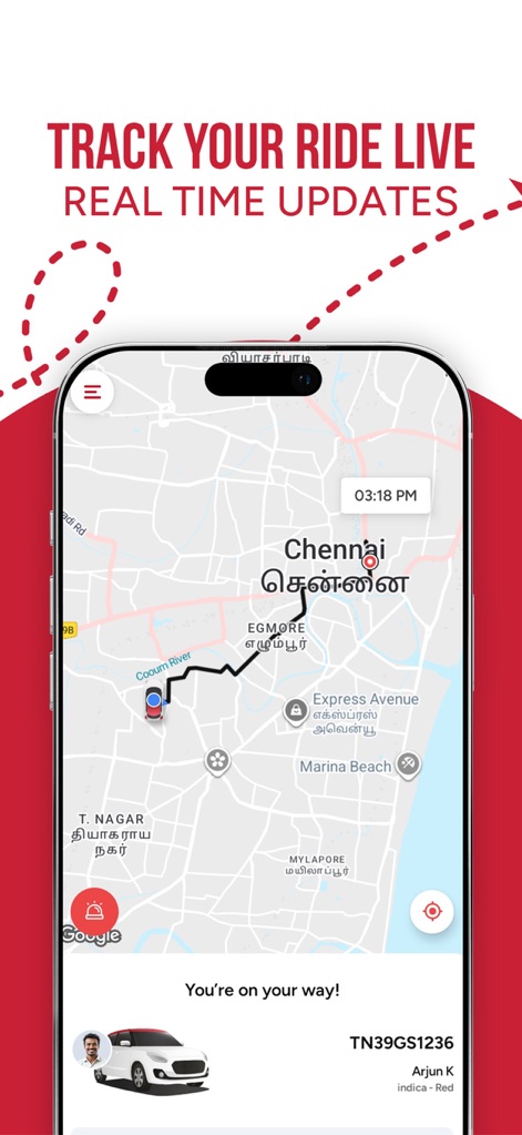 Red Taxi - Cab Booking App - This tool offers comprehensive live map tracking of journeys in cities like Chennai, complete with real-time driver and vehicle details.