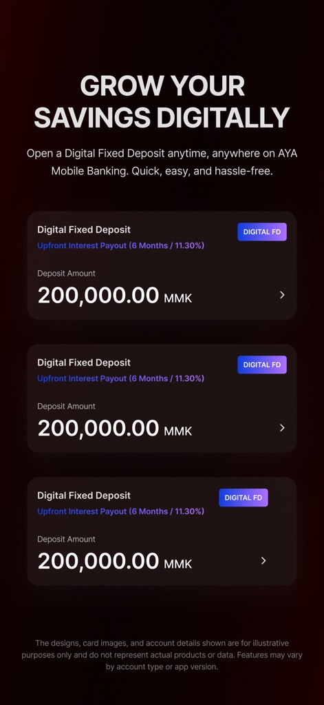 AYA Mobile Banking - Nutzer können digitale Festgelder eröffnen, wobei die Ansicht mehrere 'Digital Fixed Deposit'-Optionen mit Details zur 'Upfront Interest Payout' und dem entsprechenden 'Deposit Amount' klar darstellt.