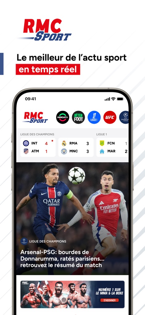 RMC Sport News, score en live - L'application présente une page d'accueil dynamique, combinant les scores en direct des compétitions majeures et des articles d'actualité sélectionnés pour une expérience immersive.