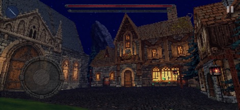 KnightBound - Dark Fantasy - Experience the evocative atmosphere of the village at night, with streetlights casting eerie glows and windows illuminated, demonstrating the app's dynamic lighting and time-of-day visuals.