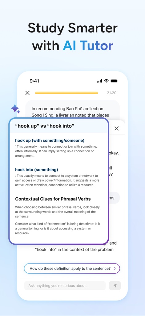 TestGenie: Digital SAT Prep - Los usuarios pueden profundizar su comprensión con el AI Tutor, que ofrece explicaciones claras de "frases verbales" y fomenta la "interacción conversacional" para una experiencia de aprendizaje personalizada.