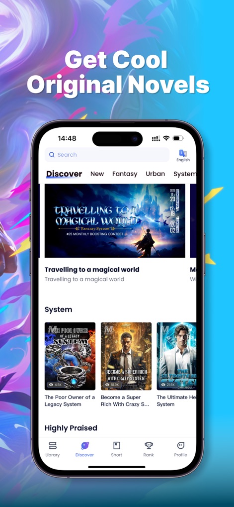 MegaNovel - fiction & webtoon - The app's intuitive 'Discover' tab allows users to effortlessly browse new and original novels across diverse genre categories like Fantasy and System.