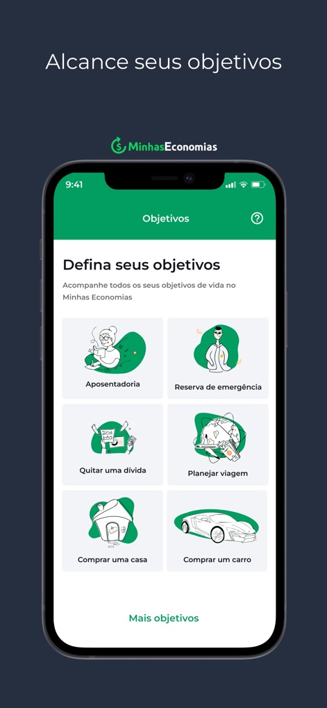 Minhas Economias - Users can define and track diverse financial goals such as retirement planning and building an emergency reserve, with dedicated sections for each objective within the app.
