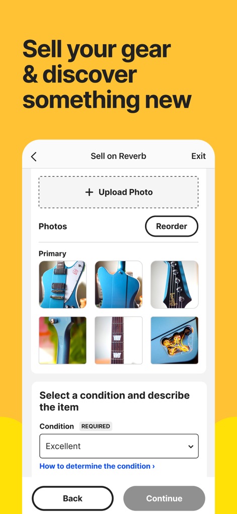 Reverb: Buy & Sell Music Gear - Gli utenti possono facilmente mettere in vendita il proprio equipaggiamento attraverso l'intuitiva funzione “Upload Photo” per caricare immagini, e definire le condizioni dell'articolo tramite il menu a tendina “Condition”.
