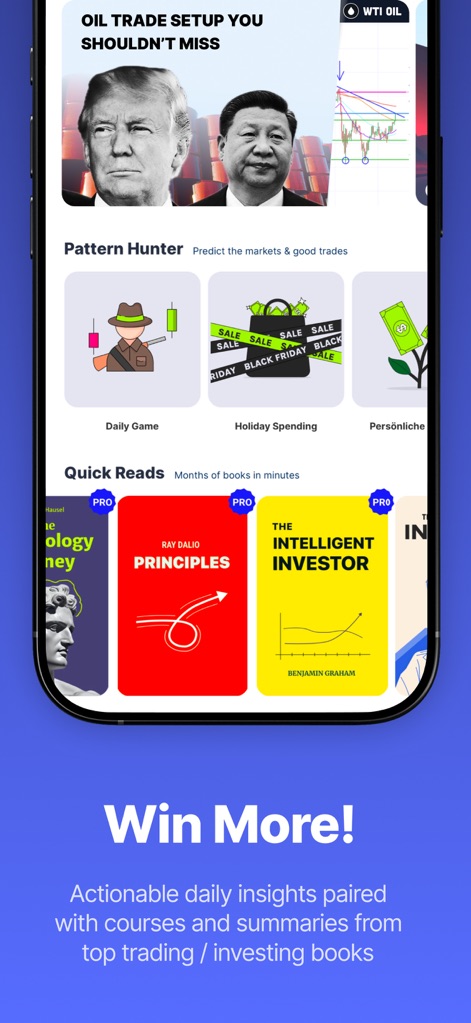 Trading Game - Stock Simulator - Users can enhance their market understanding through interactive Pattern Hunter quizzes and access condensed summaries of influential financial books like "The Intelligent Investor".
