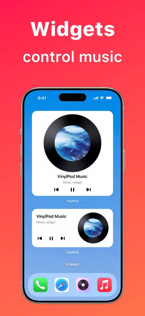 VinylPod - Music Widget - La aplicación presenta múltiples tamaños de widgets para la pantalla de inicio, permitiendo a los usuarios controlar su música con botones de avance y retroceso claramente integrados.