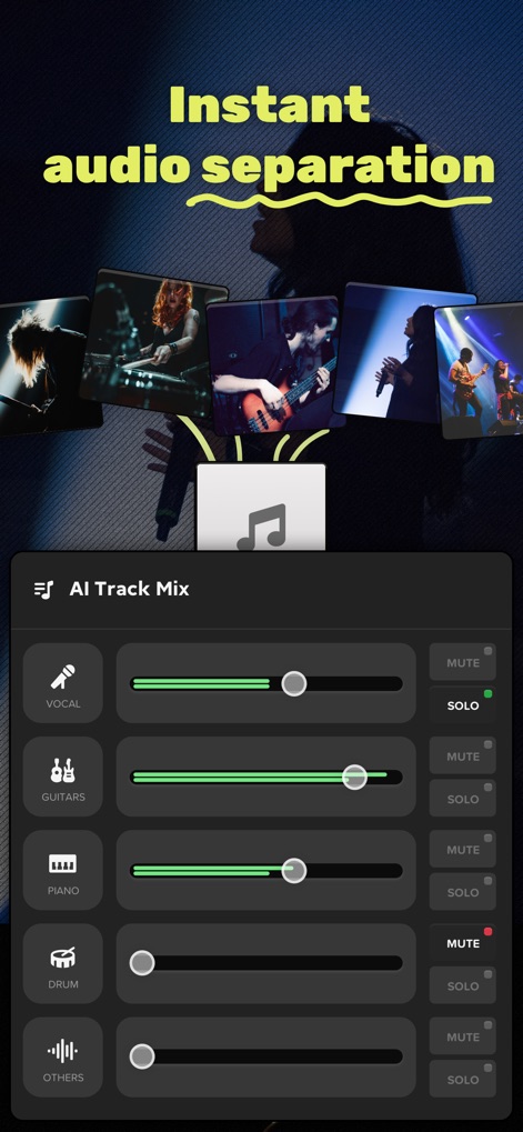 Audio Jam - AI for musicians - See how Audio Jam provides an AI Track Mix panel with individual sliders for instruments like vocals and drums, enabling users to instantly isolate and remix tracks.