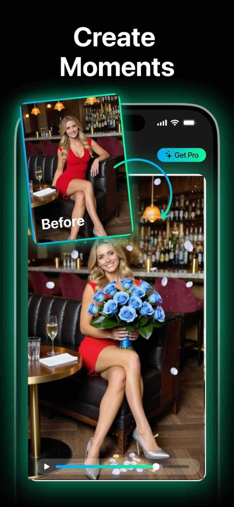 AI Video Generator: Video AI - La imagen demuestra la mejora de momentos, presentando una mujer "antes" y "después" de añadir un ramo de flores azules y efectos de confeti, subrayando la personalización de elementos y la creación de una atmósfera festiva.