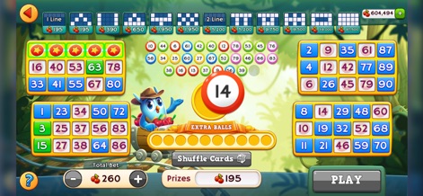 Bingo Pop: Play Online Games - 複数のビンゴカードでプレイする様子が描かれており、中央に表示される抽選された数字に合わせてマークがつけられます。