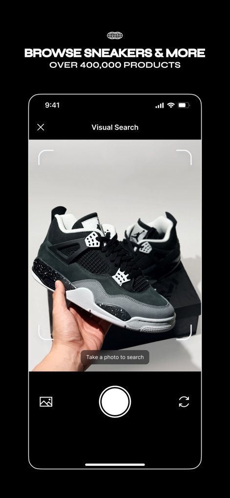 KICKS CREW: Shoes & Apparel - The app streamlines product discovery with its visual search feature, allowing users to simply use the camera interface and a 'Take a photo to search' prompt to find specific items.