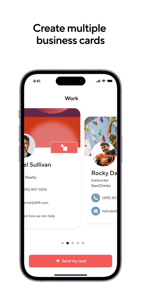 Blinq: Digital Business Card - This tool empowers users to manage multiple distinct digital business cards, clearly displayed in a carousel view for different professional contexts and easy selection.