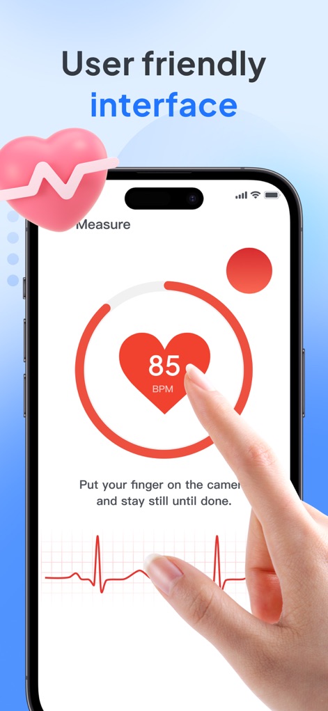 Blood Pressure Tracker - Ease - Explore the app's user-friendly interface as it guides users through heart rate measurement with a clear circular progress indicator and simple on-screen instructions.