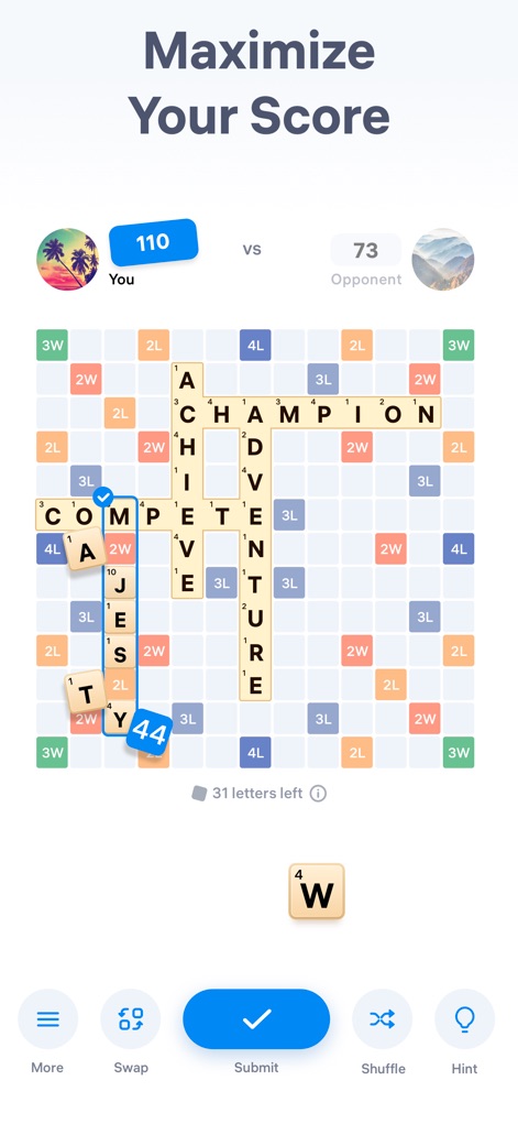 Easy Words - Word Puzzle Games - Examine the strategic use of bonus cells, such as '2L' and '3W', to maximize points and observe the display of remaining letters.