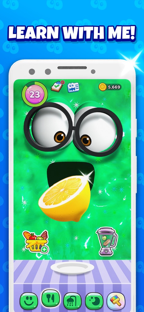 Bruno - My Talking Slime Pet - ユーザーはペットに様々な食材を与え、反応を楽しむことができます。画面には新鮮なレモンと、食材が入ったショッピングカートが配置されています。