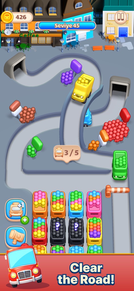 Color Bus Trip - Users can observe the game's evolving complexity within an urban city backdrop, featuring buses with unique question mark blocks for added intrigue.
