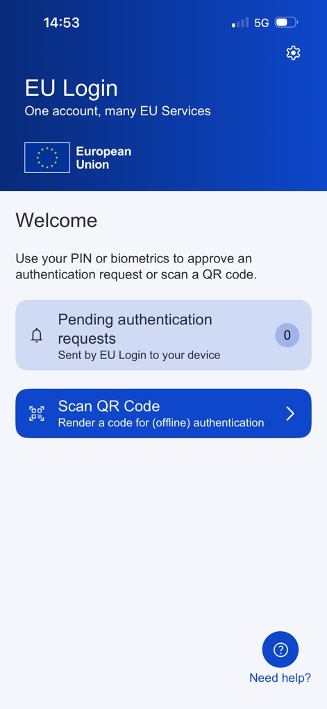 EU Login - This screen presents the 'Pending authentication requests' section, initially showing zero active requests, alongside the 'Scan QR Code' option for flexible offline access.