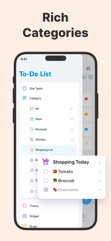 Todoery - Todo List & Reminder - Explore the robust categorization system, including 'Shopping List' and 'Work', allowing for efficient task management and filtering.