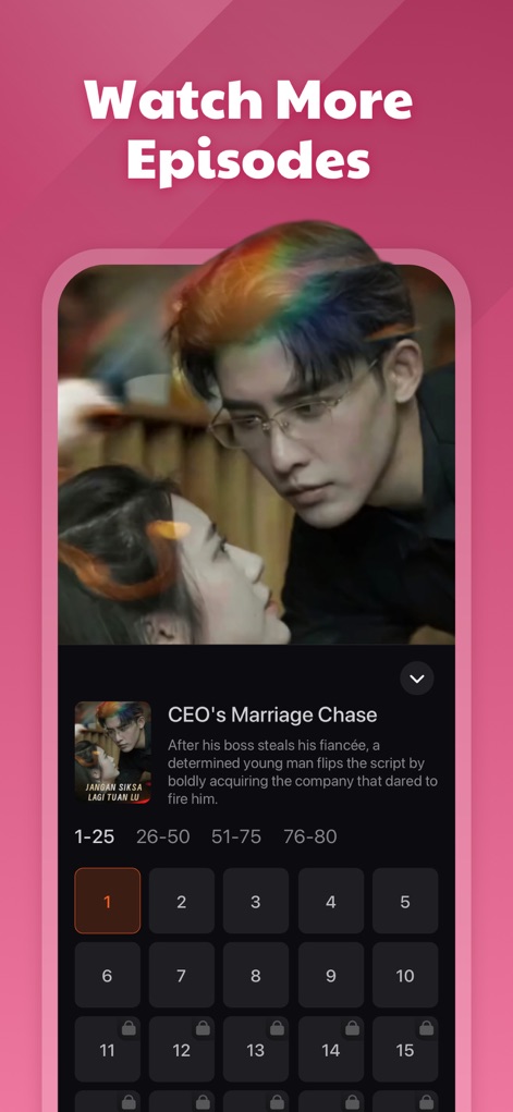 Crazy Popcorn - Short Drama - The app provides a streamlined "Watch More Episodes" interface, allowing users to easily navigate through numbered episode selections for popular dramas like "CEO's Marriage Chase".