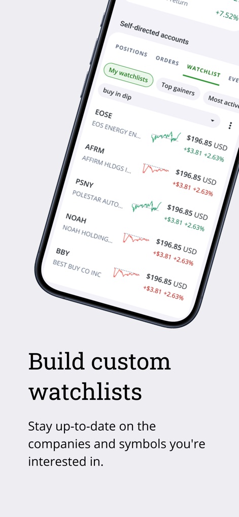 QuestMobile: Invest & Trade - The app allows users to create personalized "WATCHLIST" tabs, tracking multiple stocks with their current prices and visual miniature graphs.
