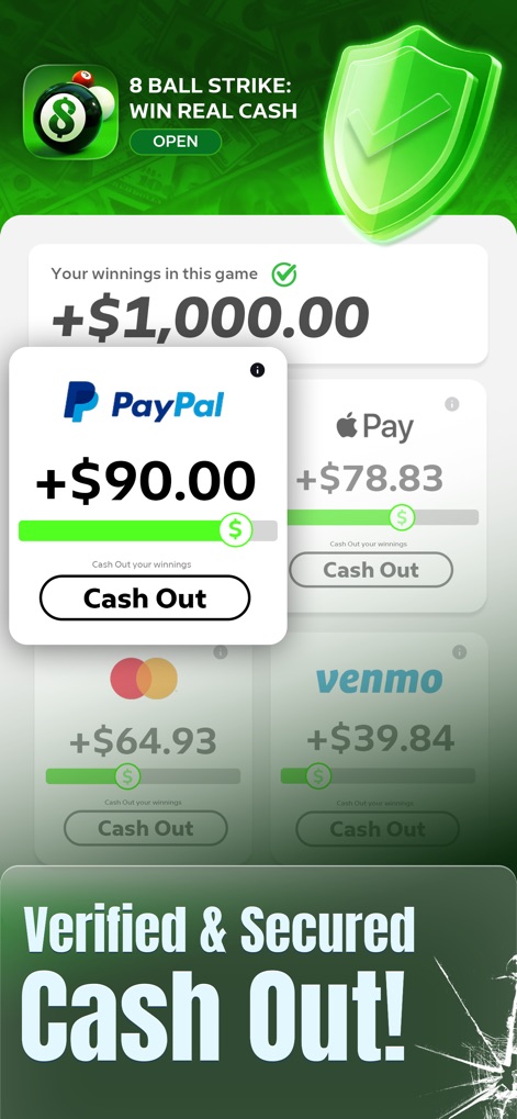 8 Ball Strike: Win Real Cash - This tool showcases its secure withdrawal process through integrated trusted payment platform logos like PayPal and clear 'Cash Out' functionality.