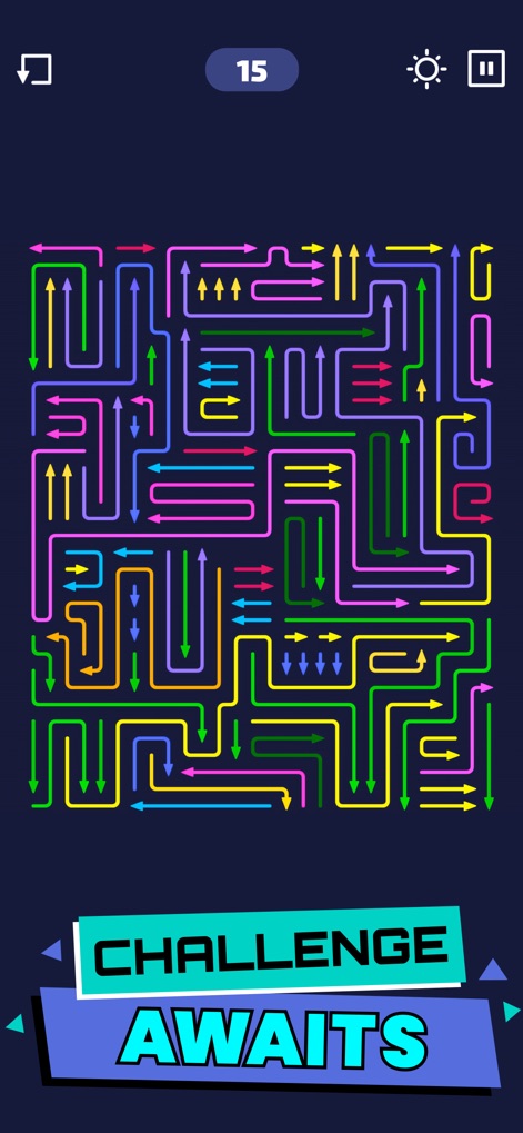 Arrow Maze - Escape Puzzle - 画面いっぱいに広がる矢印の海が、あなたの論理的思考力を試します。現在のレベル15では、より高度な解法が求められるでしょう。
