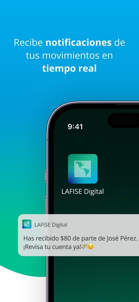 LAFISE Digital - Die App sendet unverzüglich Benachrichtigungen auf den Sperrbildschirm des Telefons, welche detailreich über den Erhalt von $80 von José Pérez informieren und das LAFISE Digital Logo anzeigen.