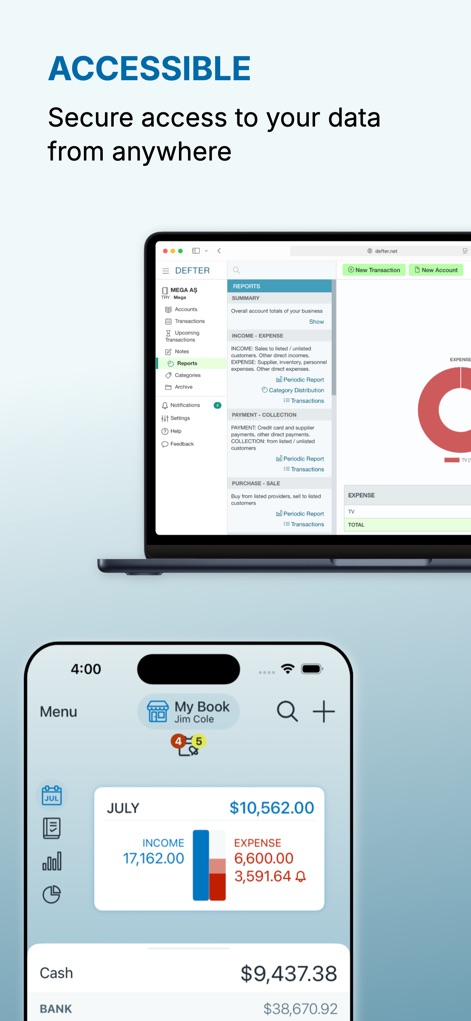 Account Book - Money Manager - Experience seamless financial management across devices with cross-device data synchronization, presenting real-time financial summaries on both mobile and desktop.