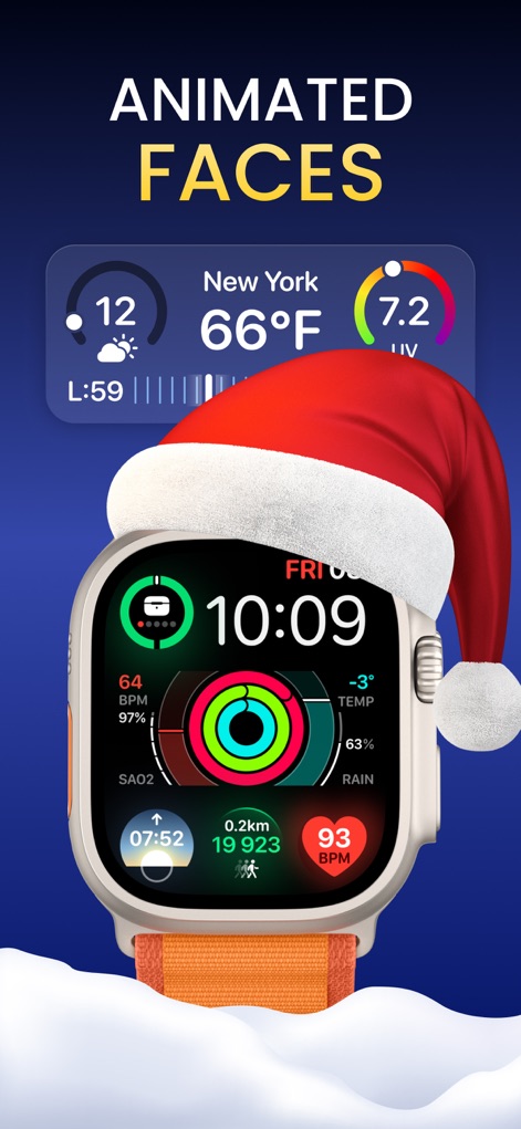 Watch Faces & Widget Gallery - Discover dynamic, live-style watch faces that integrate real-time weather updates and a comprehensive display of health metrics such as BPM and activity rings.
